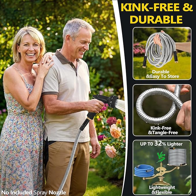 75 ft Stainless Steel Garden Hose - 2026 New Upgraded Metal Water hose - Flexible Water Hoses Pipes with Latex Core, 3/4" Solid Brass Connector - No-Expandable Watering Garden Hoses
