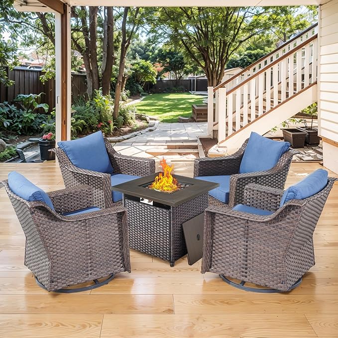 Outdoor Patio Wicker Swivel Chairs - Set of 4 Outside Rattan Rocker Glider Chair Rocking Armchairs for Front Porch Balcony Backyard Yard Deck Poolside Apartment – Brown/Blue