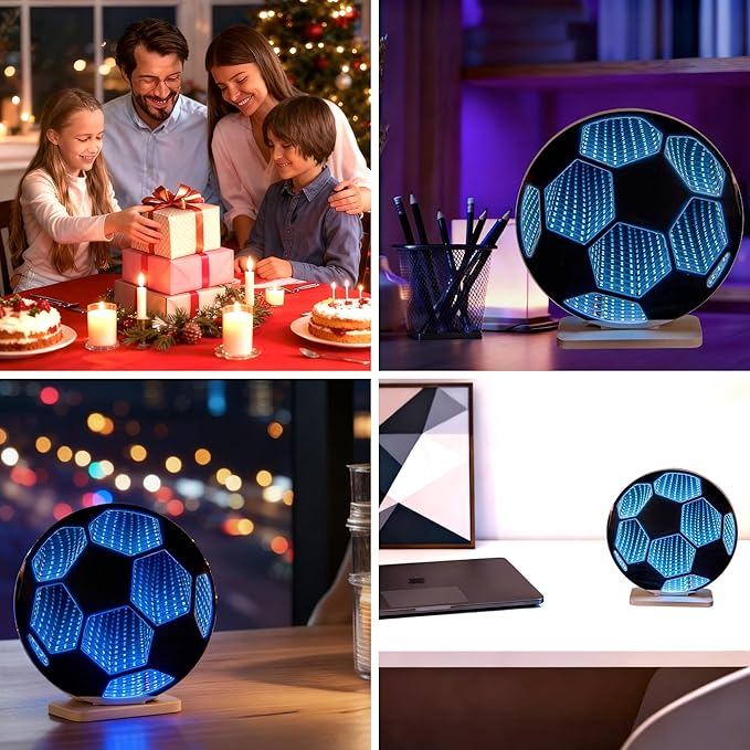 3D Soccer Infinity Mirror Light, LED Infinity Mirror Night Light with Endless Goal Tunnel Effect, USB Powered 3D LED Lights for Kids Sports Room & Game Room, Gift for Boys Fan, 9.1"