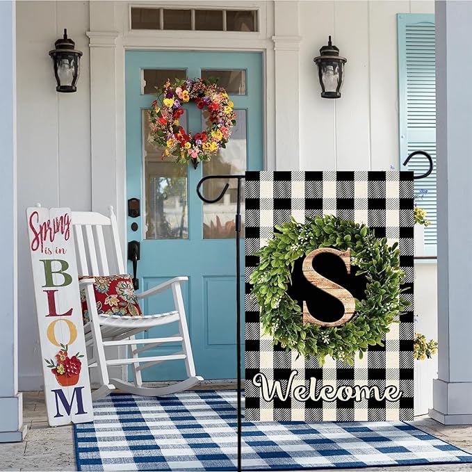Baccessor Monogram Letter S Garden Flag 12.5 x 18 Inch, Buffalo Plaid Family Last Name Initial Boxwood Wreath Welcome Vertical Double Sided Small Flags for Outdoor Outside Decoration