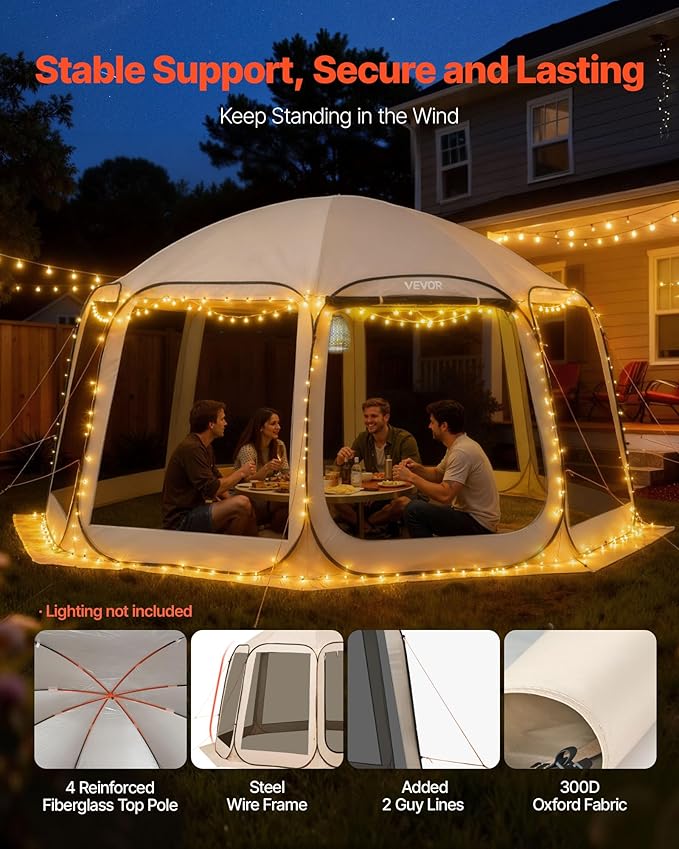VEVOR Pop up Screen House Tent, 15 x 13.8 ft, 12-15 Person Screen Gazebo, Portable Screened in Canopy with Carry Bag, Netting Sides, Ground Stakes, for Garden, Patio, Backyard, Outdoor Activities