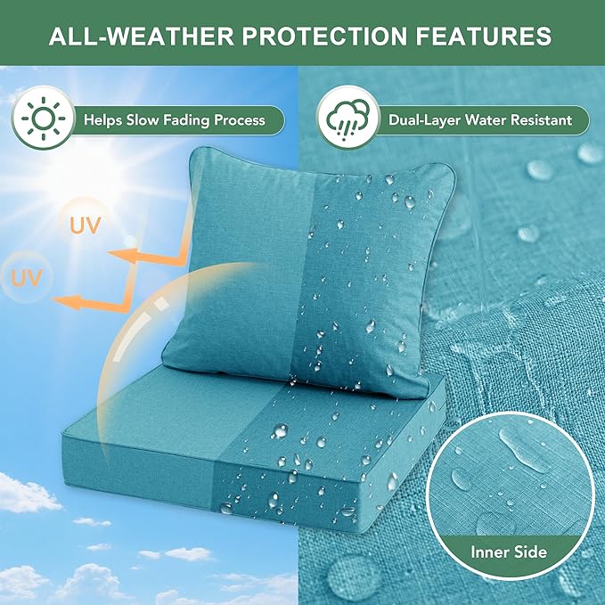 Summsun Faux Linen Outdoor Chair Cushions, Water Resistant Backrest and Deep Seat Cushion Set with Removable Cover, Straps, Non-Slip Bottom for Patio Furniture, 24 x 24 Inch, Teal, Set of 2