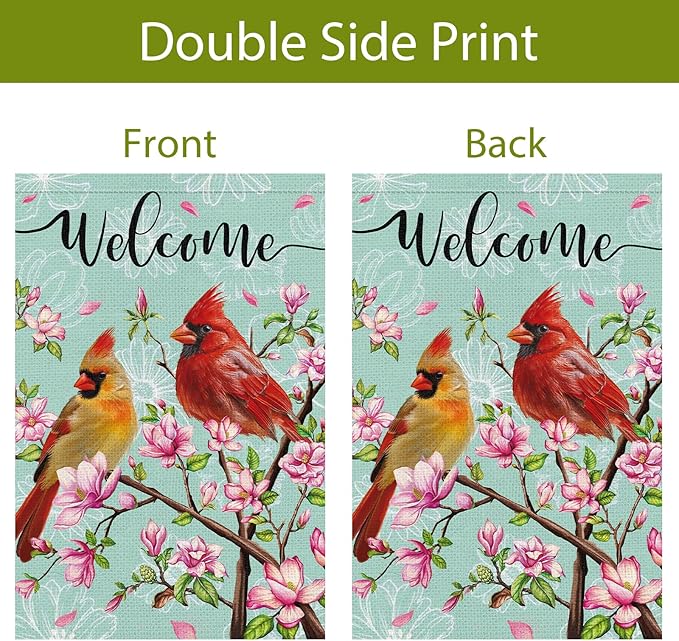 Cardinal Bird Welcome Spring Garden Flag, 12x18 Vertical Double Sided Burlap Tree Flower Spring Flag for Outside Farmhouse Yard Decorations