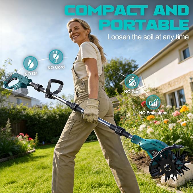 Cordless Tiller Cultivator Compatible with Makita 18V Battery (Tool Only), 450RPM Electric Tiller for Gardening, 9"x6.3" Tilling, 48 Reinforced Steel Tines Rototiller for Lawn/Soil Cultivation