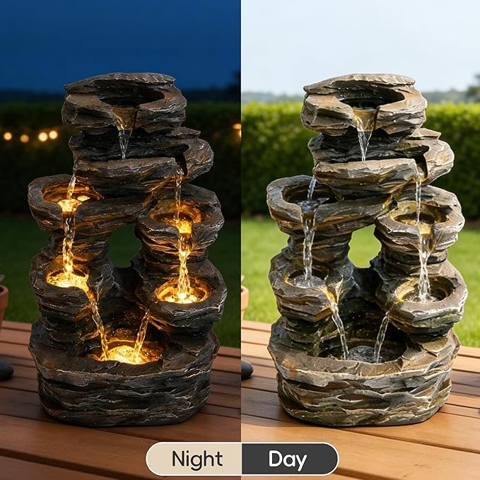 7-Tier Cascading Outdoor Fountain with LED Lights, 23" H Fountains and Waterfalls Stone-Look for Garden, Patio, Yard Decor