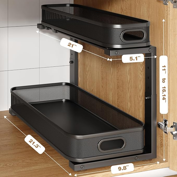 2 Pack 21.3IN-Depth Under Sink Organizer with Smooth Cylindrical Rail,2-Tier Pull Out Multi-Purpose Cabinet Storage for Bathroom&Kitchen,Height Adjustable,Rust-Resistant Coating-Black