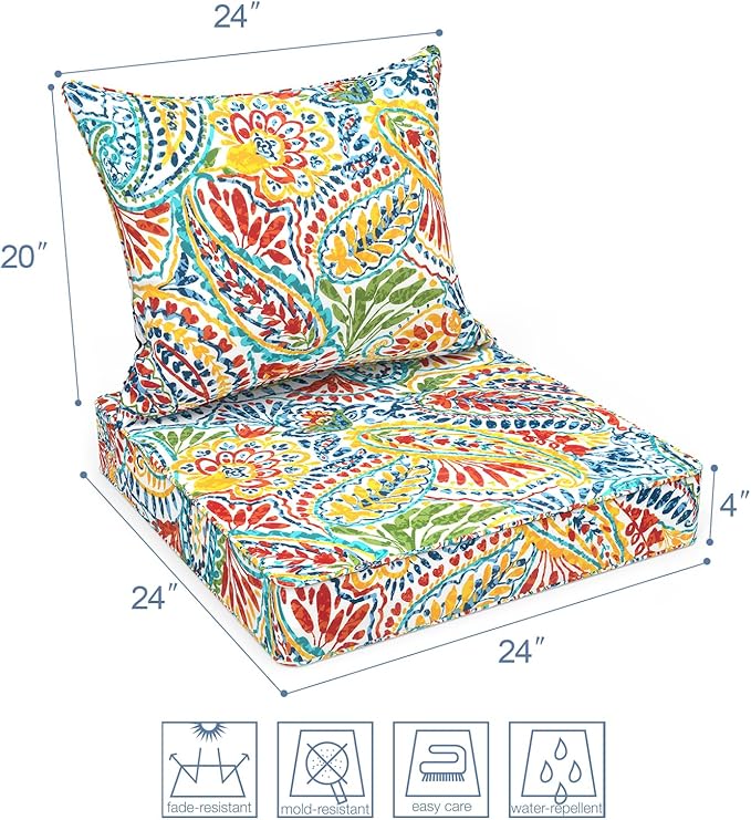 LVTXIII Outdoor Seat and Back Cushion Patio Deep Seat Cushion Set Seasonal Chair Cushion for Wicker Chairs and Garden Furniture Decoration, 22"x22"x4", Paisley Multi