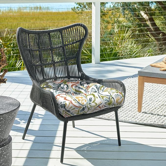 DYTXIII Set of 2 Outdoor Chair Cushions 19"x19"x4", Water Repellent Tufted Patio Seat Cushions with Ties, Thick Replacement Pads for Wicker Dining Chairs, Patio Furniture, Paisley Botanical