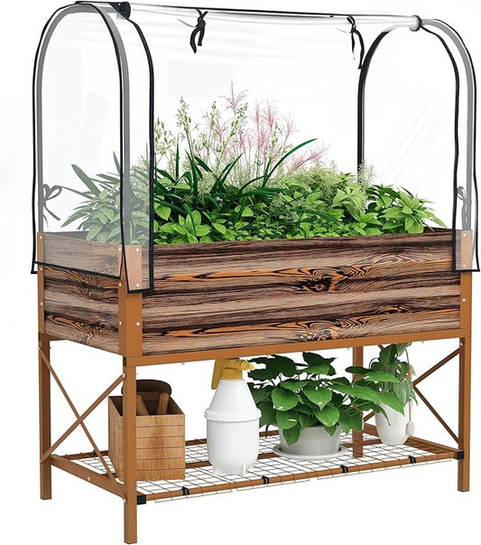 Outsunny Raised Garden Bed with Cover and Storage Shelf, Rectangular Metal Elevated Planter Box with Legs and Bed Liner for Vegetables, Flowers, Herbs, Dark Brown