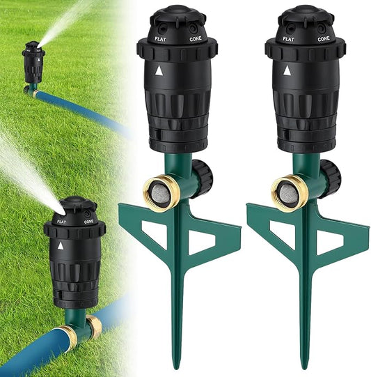 Adjustable Spray Coverage Sprinklers for Yard - Sturdy Aluminum Alloy Spike & 5 Spray Patterns Lawn Sprinkler, Efficient Irrigation System for Medium Large Garden Uneven Ground, 2 Pack