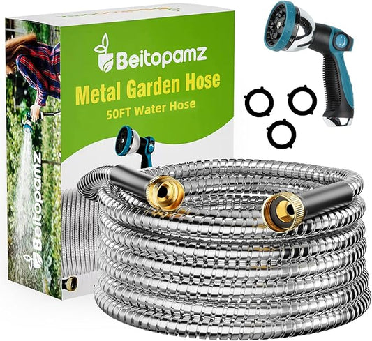 Beitopamz Garden Hose 50 ft, Stainless Steel Metal Water Hose with Nozzle, Flexible and Durable, Rust Proof, No-Kink, Heavy Duty, Leakproof 3/4'' Brass Fittings, Lightweight Hose for Patio, Lawn