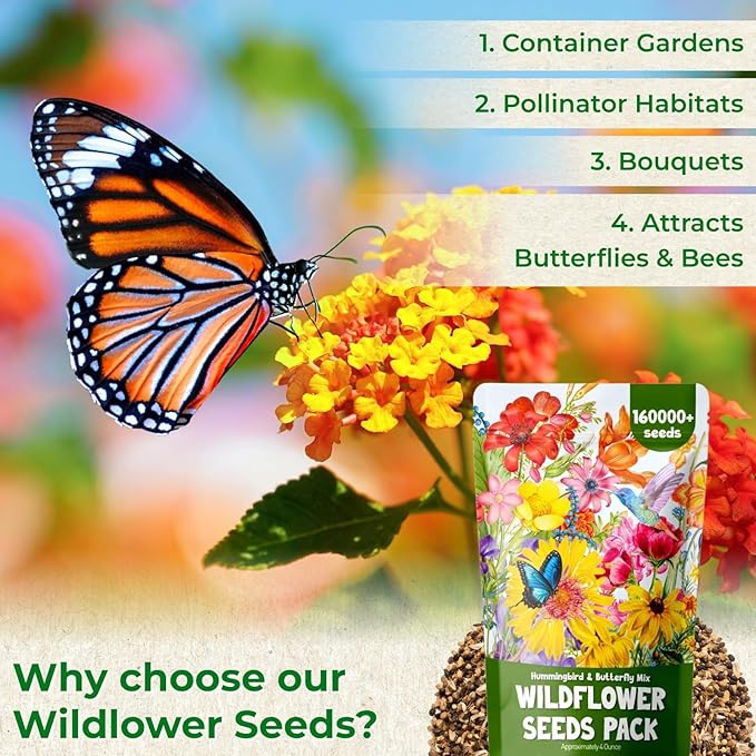 160000+ Wildflower Seeds Planting - 4oz Varieties Including Sunflower, Lavender, Zinnia & More, Attracts Bees & Butterflies, High Germination Rate, Easy to Grow for Garden, Balcony