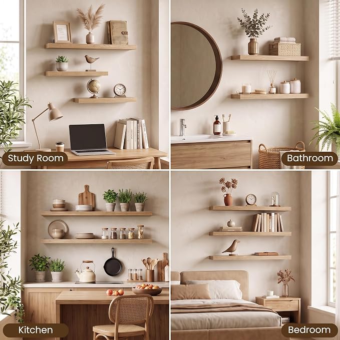 Acovy 48x8in Floating Shelves 2 Pack, Wall Mount Display Shelf, Light Brown | Invisible Brackets, 35lb Sturdy MDF, 48in Long, Easy Install, For Bedroom, Bathroom, Living Room, Kitchen & Office