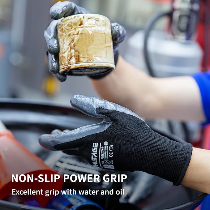 MANUSAGE Safety Work Gloves, Nitrile Work Gloves For Men and Women, Work Gloves With Touchscreen Fingers, Work Gloves men, Men's work gloves with grip,mechanics gloves (Size L, Black, 3-pairs)