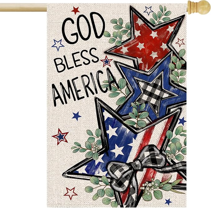 4th of July House Flag 28x40 Inch Double Sided Outside God Bless America Patriotic Stars Eucalyptus Memorial Day Independence Day Holiday Outdoor Yard Decoration