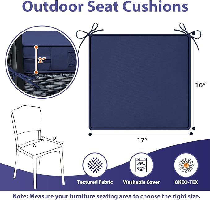 IPYNBAP Outdoor Chair Cushions Set of 4 -Waterproof Outdoor Seat Cushions for Patio Furniture, Patio Chair Cushion with Handle and Ties, Square Out Door Chair Pads,17" x 16" x 2",Navy Blue