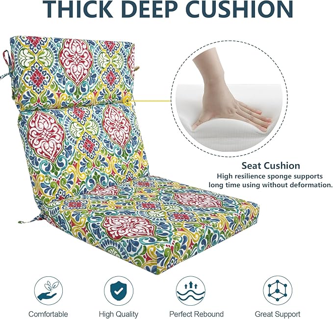 DYTXIII Outdoor High Back Chair Cushions Set of 2, 44"x22" Water Repellent Patio Seat Cushions with Elastic Sponge, All Weather Chair Pads for Rocking, Dining Chairs, Patio Furniture - Damask Red