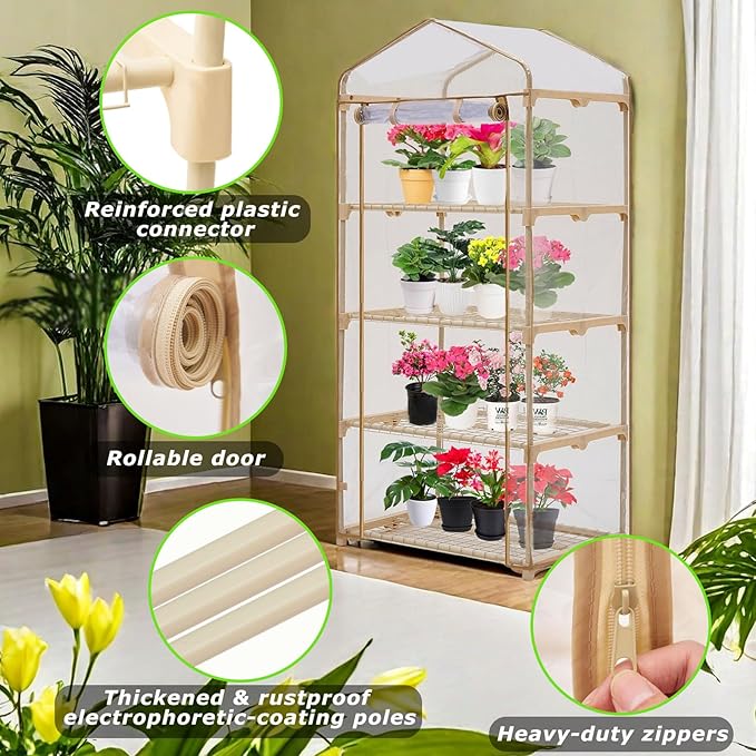 Purlyu Garden 4-Tier Greenhouse – for Indoor Outdoor Gardening Hot House w/ Zippered Cover and Metal Shelves for Growing Vegetables, Flowers and Seedlings (PLGH704OWP)