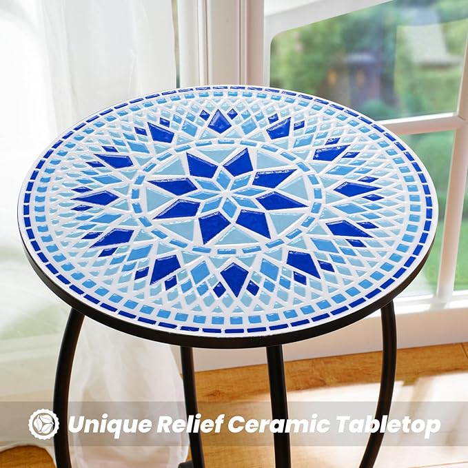 14" Round Outdoor Side Table, Metal Scrollwork Accent End Table with Unique Relief Ceramic Tile Tabletop, Coffee Tea Table Nightstand for Living Room, Bedroom