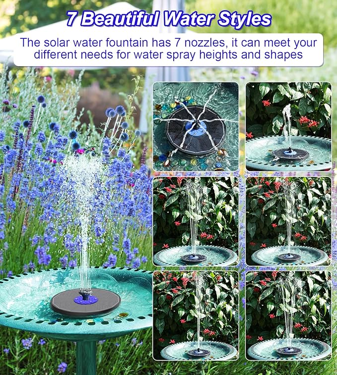 SZMP Solar Fountain 3.5W Floating Bird Bath Fountains with Blue Flower Upgraded Glass Panel with 7 Nozzle & 4 Fixer, Solar Water Fountain for Garden, Pond, Outdoor (Colorful)