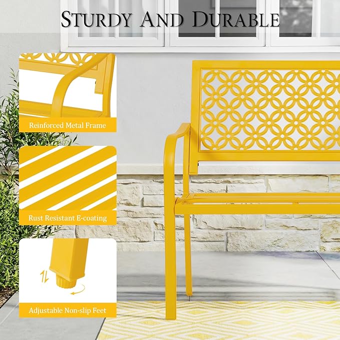 50" Outdoor Bench Weatherproof, 700 lbs Capacity Heavy Duty Garden Benches with Galvanized Metal Frame, Patio Bench with Floral Backrest, Patio Furniture for Porch, Park, Yard, Entryway, Yellow
