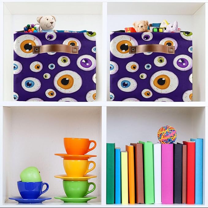 Wamika Halloween Eyes Storage Basket with Waterproof Liner and PU Handles Blue Spooky Ghost Storage Bins Boxes 14.2" Collapsible Decorative Organizer Baskets for Bedroom Closet Office 2 Pack