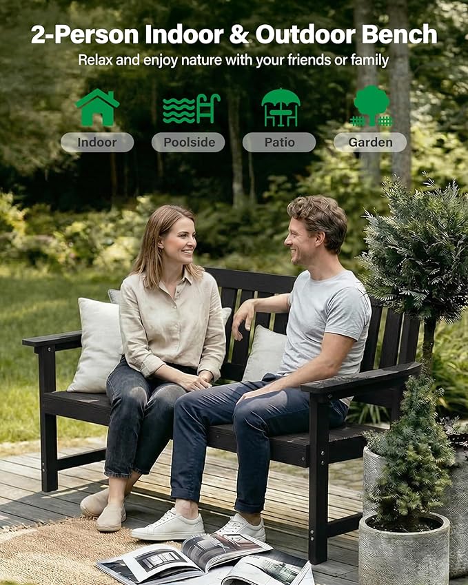 YEFU Outdoor Bench 2-Person Seat: HIPS Outdoor Benches Weatherproof - Comfortable & Heavy Duty Garden Bench for Indoor Outside Patio Front Porch Backyard Park, Black