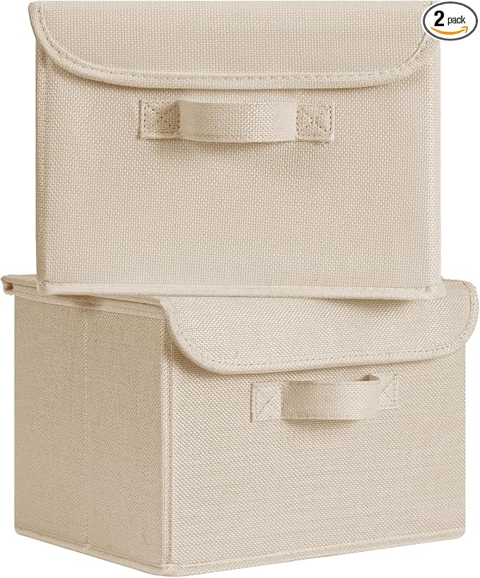 GRANNY SAYS Memory Keepsake Storage Box, Fabric Storage Bins with Lids | Flip-Top Lid, Collapsible, Stackable, 3 Handles, Ideal for Closet Clothes Blanket Toys, Small, Khaki, 2-Pack