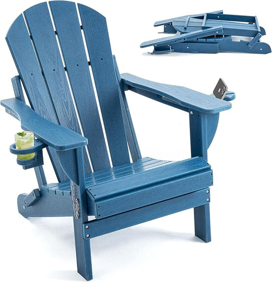 Folding Adirondack Chair, HDPE Outdoor Texture Lawn Chair with Reclining Back, Cup and Phone Holder - Comfortable Firepit Chair Weather Resistant for Patio or Backyard (Blue, Set of 1)