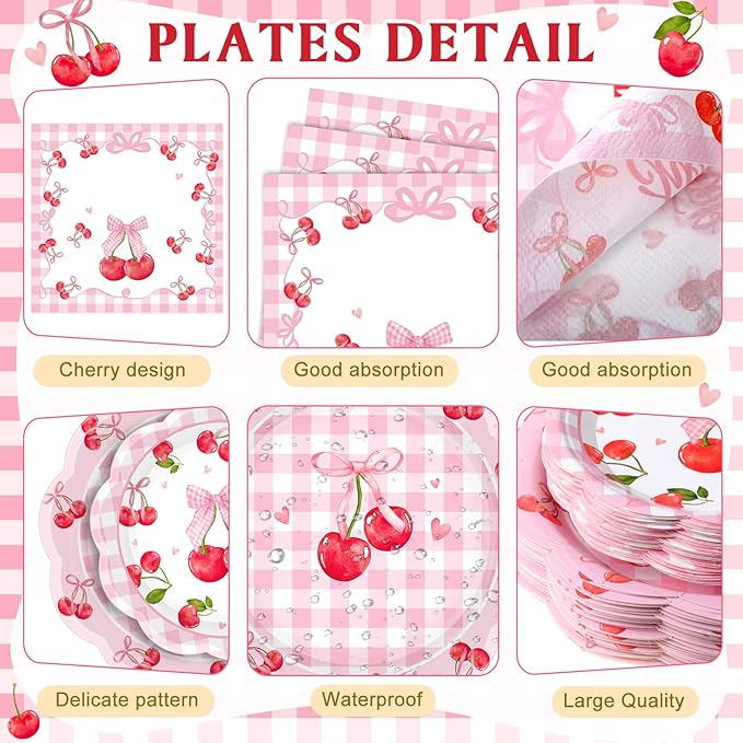 Funnymoom 400 Pcs Cherry Bow Birthday Party Supplies for 50 Guests Bow Cherry Paper Plates and Napkins Knives Spoon Fork Cup Disposable Coquette Birthday Dinner Sets for Bachelorette Party