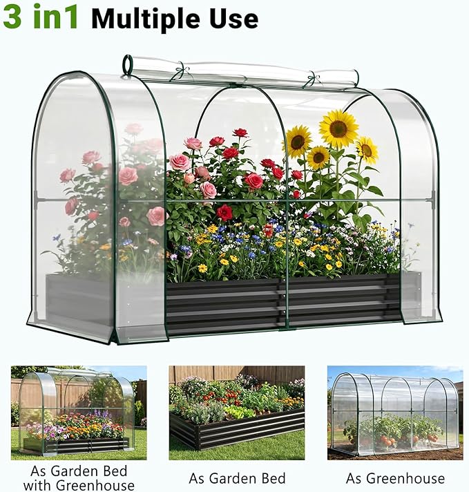 DoCred Galvanized Raised Garden Bed with PVC Cover, 84.6" x 45.3" x 47.2" Metal Planter Bottomless Box w/ Roll-Up Window, Mini Greenhouse Tent for Outdoor Growing Vegetables Flower Fruit