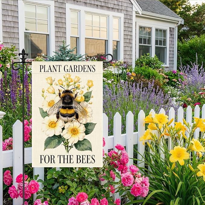 Plant Gardens for the Bees Garden Flag, 12 x 18 Inch Double Sided Bumblebee Floral Outdoor Yard Decor, Meaningful Eco Friendly Gifts for Beekeeper Pollinator Advocates Gardening Enthusiast