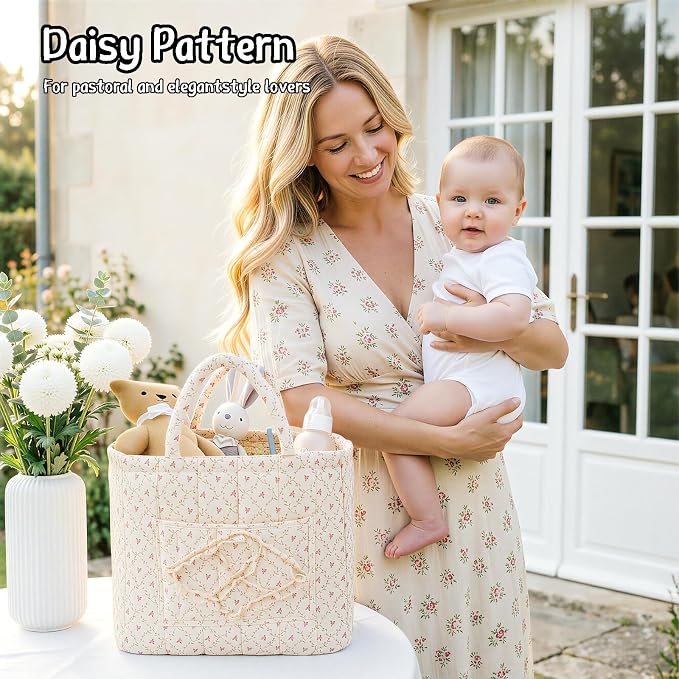 Quilted Fabric Car Storage Basket with Handles & Pocket, Foldable Laundry Hamper Boho Floral Print Organizer Bin for Home, Picnic, Office Nursery Cloth Toy 12"x10"x10" (Style B)