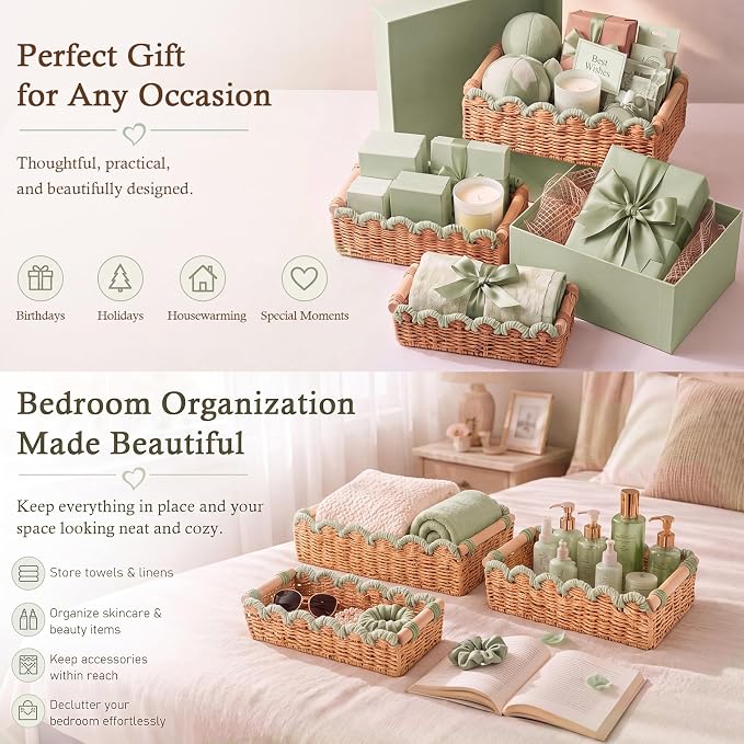 3 Pcs Paper Rope Storage Basket with Wooden Handles Scalloped Toilet Paper Organizer Bathroom Wicker Basket Organizer for Bathroom Countertop Living Room Home Decor (Sage Green)