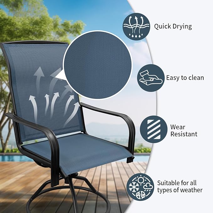 SHGJ&SOFT Patio Swivel Chairs, Waterproof Outdoor Dining Chairs with All-Weather Textilene Mesh for Deck, Garden, and Backyard (Plain Backrest-Blue, Set of 2)