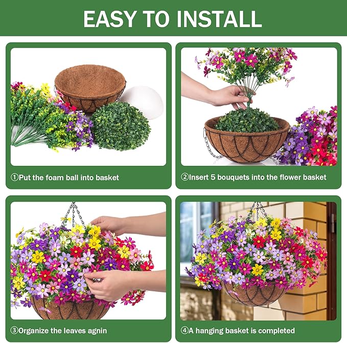 INXUGAO Artificial Flowers with Hanging Planter for Outdoor, Faux Silk Daisy UV Resistant Plants in Basket for Indoor Porch Garden Yard Spring Summer Decor(Rose Yellow)