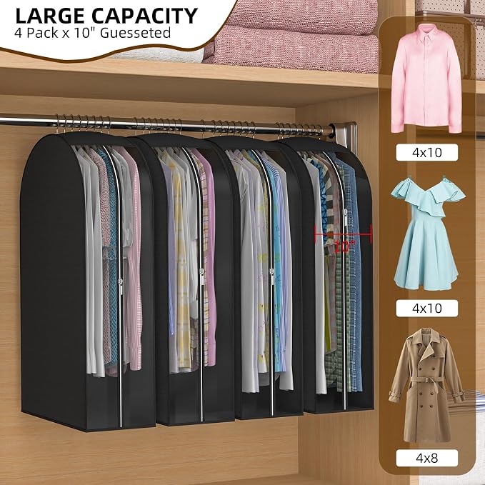 Black Garment Bags for Hanging Clothes, 4-Pack, 32"