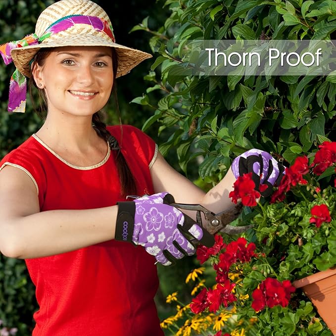 COOLJOB Small Gardening Work Gloves for Women Ladies, Thorn Proof for Rose Pruning, Cactus Handling, Blackberry Bush Planting, Puncture Resistant Anti-Slip Flexible 1 Pair S Floral Purple