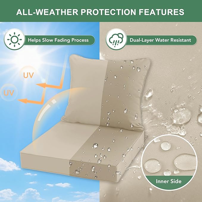 Summsun Patio Chair Cushions 22 x 22 Inch, Water Resistant Backrest Pillow and Seat Cushion Set for Outdoor Furniture, Sectional Sofa Cushion Replacments, Cream, Set of 4