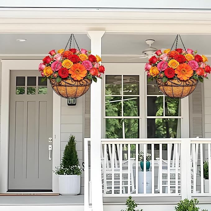 2 Pack 12 Inch Metal Outdoor Hanging Baskets Black Heavy Duty Hanging Planters with Coco Liners for Indoor Outdoor Plants Gardens Patios Terraces（Lace）