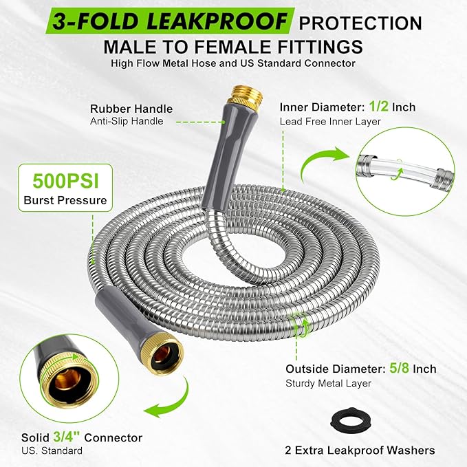 Metal Garden Hose 10 Ft Stainless Steel Short Water Hose with Metal Connector Flexible Leakproof Garden Hoses, Lightweight, Rust Proof, Puncture Proof Water Pipe for Hose Reel Yard Lawn Outdoor RV