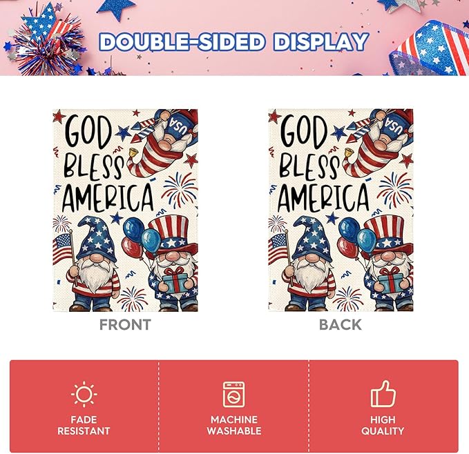 AVOIN colorlife God Bless America Patriotic 4th of July House Flag 28x40 Inch Double Sided Outside, American Stars and Stripes Gnomes Yard Outdoor Decoration