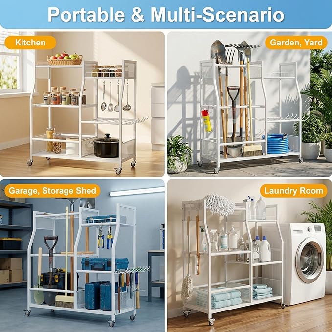 HOTEAGLE Yard Tool Organizer for Garage 35.4" Width High Stability Outdoor Metal Utility Rolling Cart with Mute Wheels, 18.5mm Thick Rods Ideal Garden Tool Rack, Easy to Clean,White