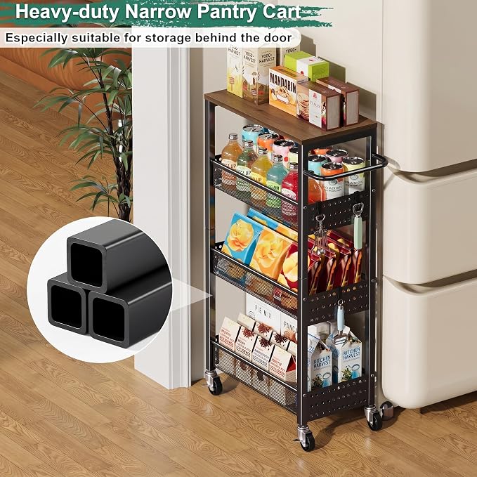 Laundry Room Slim Rolling Cart with Wheels for Between Washer and Dryer Gap | Utility Slim Storage Cart with Table Top, Small Laundry Organizers and Storage Shelves, Thin Shelf for Narrow Spaces, 4 Tier