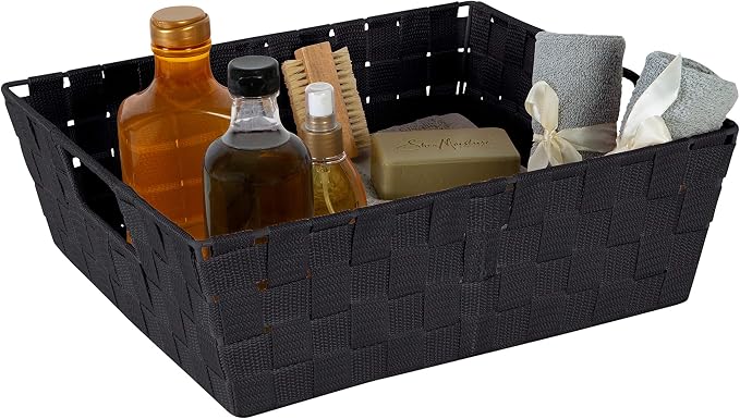 Simplify Large Shelf Woven Strap Tote,Decorative Storage Basket,Built in Handles,Organization,Closet,Bedroom,Bathroom,Nursery,Accessories,Toys,Gifts, Black (Pack of 12)