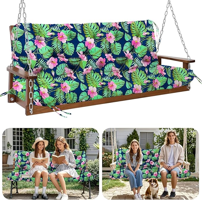 Premium 5" Thick Waterproof Outdoor Swing Cushions Sturdy Durable 3 Seat Replacement Porch Swing Cushions with Backrest&Ties Bench Cushion for Outdoor Furniture Backyard Patio（Flower02）