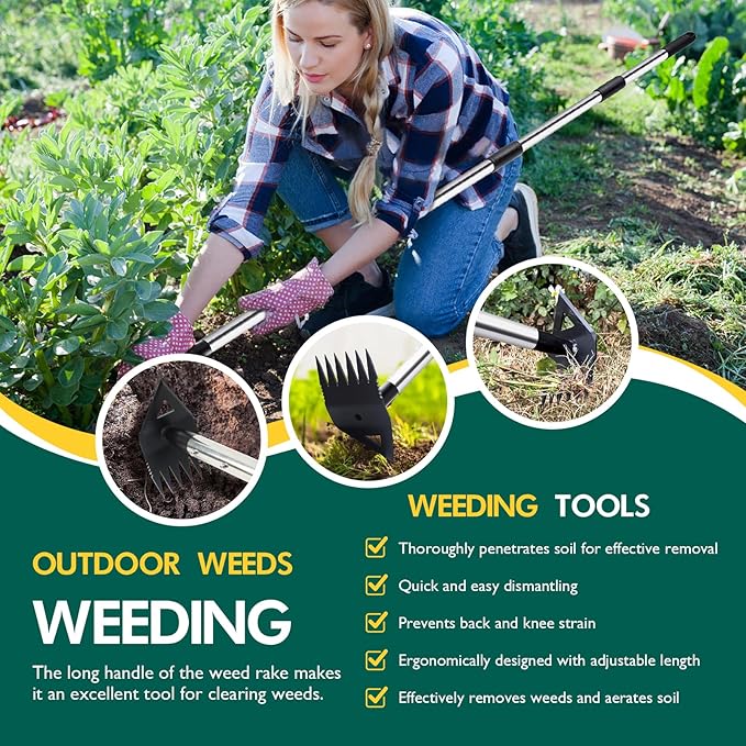 Long Handle Weeding Garden Rake - 2-in-1 Manual Weed Puller Tool with Manganese Steel Head Stand Up Weeder Remover for Lawn Yard Patio Heavy Duty Hand Rake Hoe Combo for Dandelion Removal