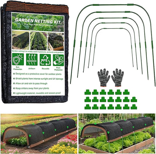 Garden Shade Cloth Kit 78.7"x59" Garden Sun Shade Cloth with Hoops for Heat Protection 75% Black Plant Shade Cloth Garden Greenhouse Grow Tunnel Shade Cloth Row Cover for Outdoor Plants Vegetables