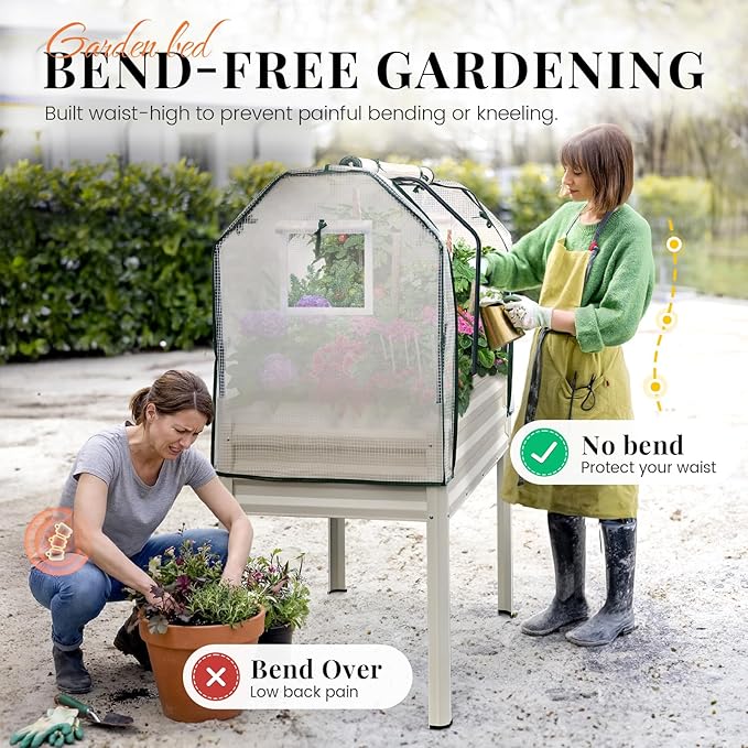 King Bird Large Raised Garden Bed with Cover Galvanized Elevated Planter Box with Legs 48×24×56 in for Backyard, Patio, Balcony, 400lb Capacity, Beige