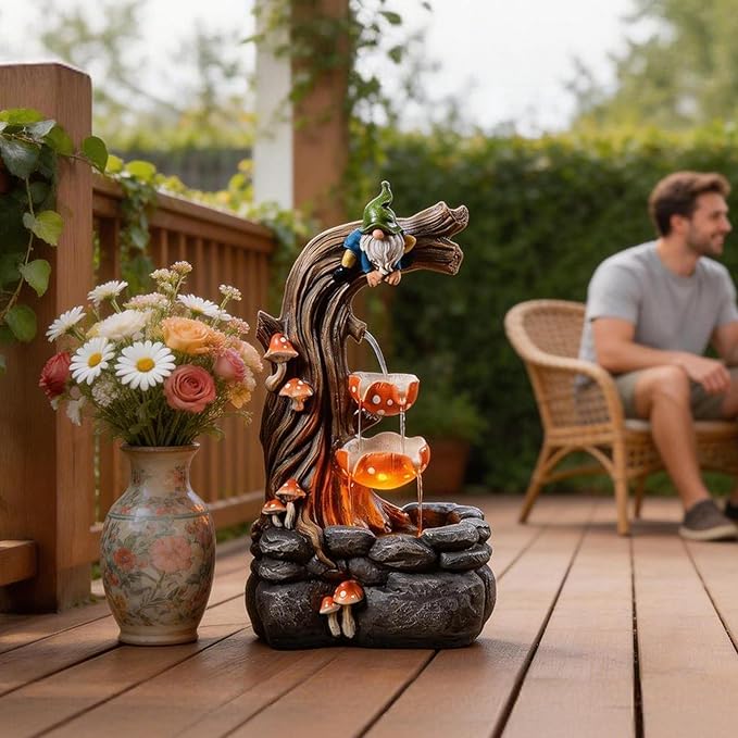 Tolevoit Gnome Outdoor Water Fountain with Warm LED Lights, Cascading Mushroom Waterfall on Tree Stump, Whimsical Garden Decor & Yard Art for Patio, Lawn, Porch and Indoor Tabletop